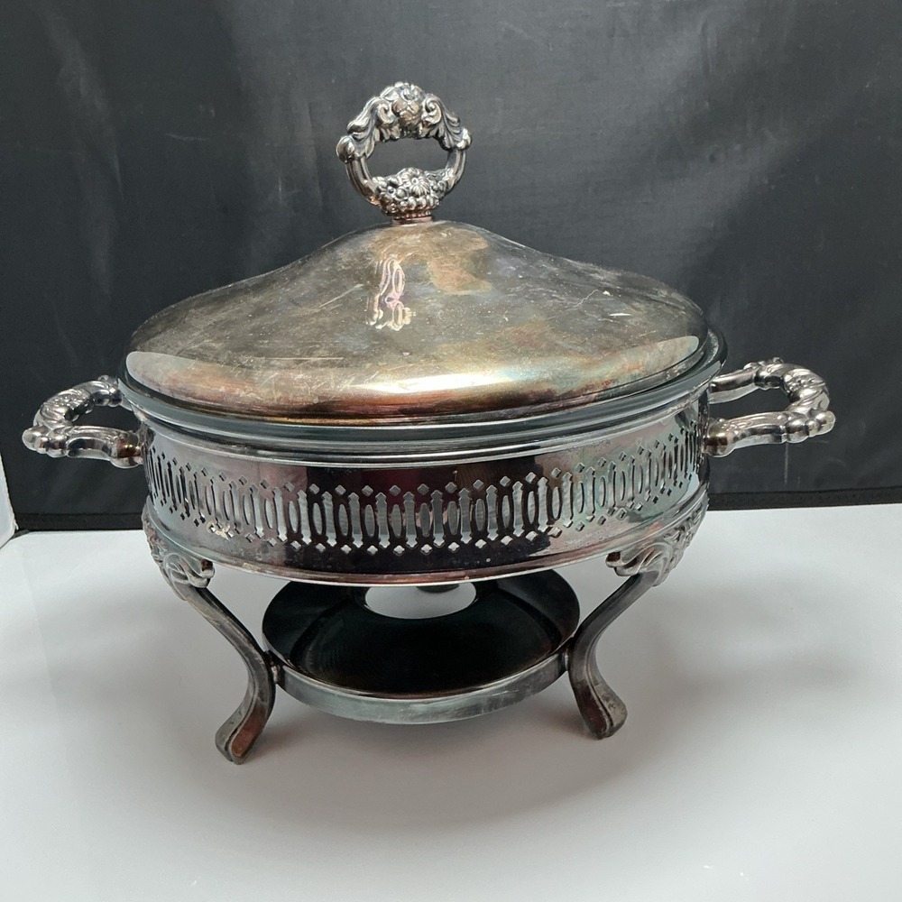 Vtg Oneida USA Silverplate Chafing Dish Anchor Hocking Glass Casserole Warmer